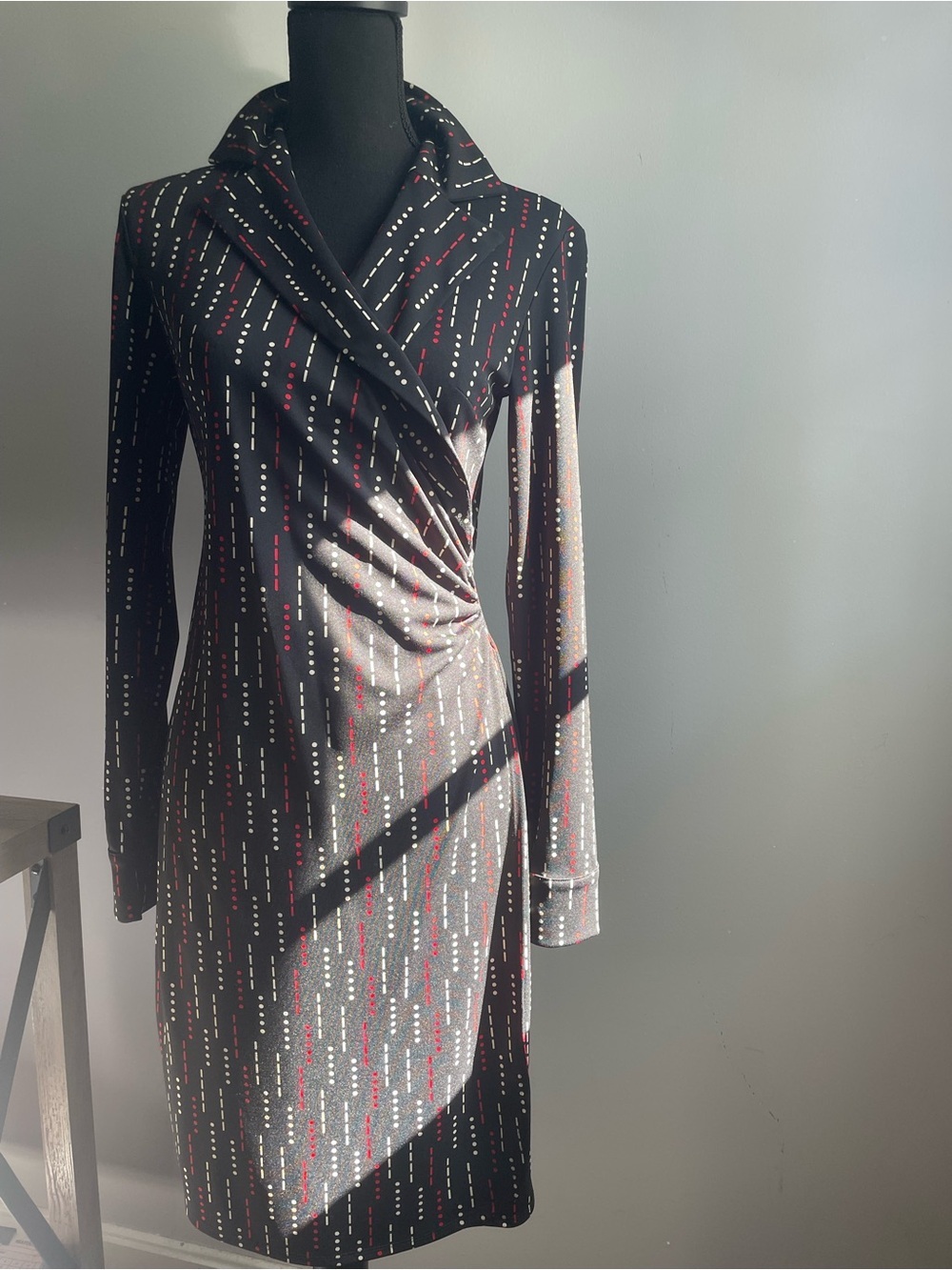 Express Black Long-Sleeve Wrap Dress with Red and White Dot Stripe Pattern